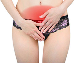 a woman wearing underwear with her two hands touching her groin which is glowing in red to symbolize pain