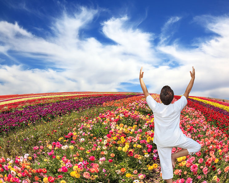 a person practing yoga in a field of flowers
